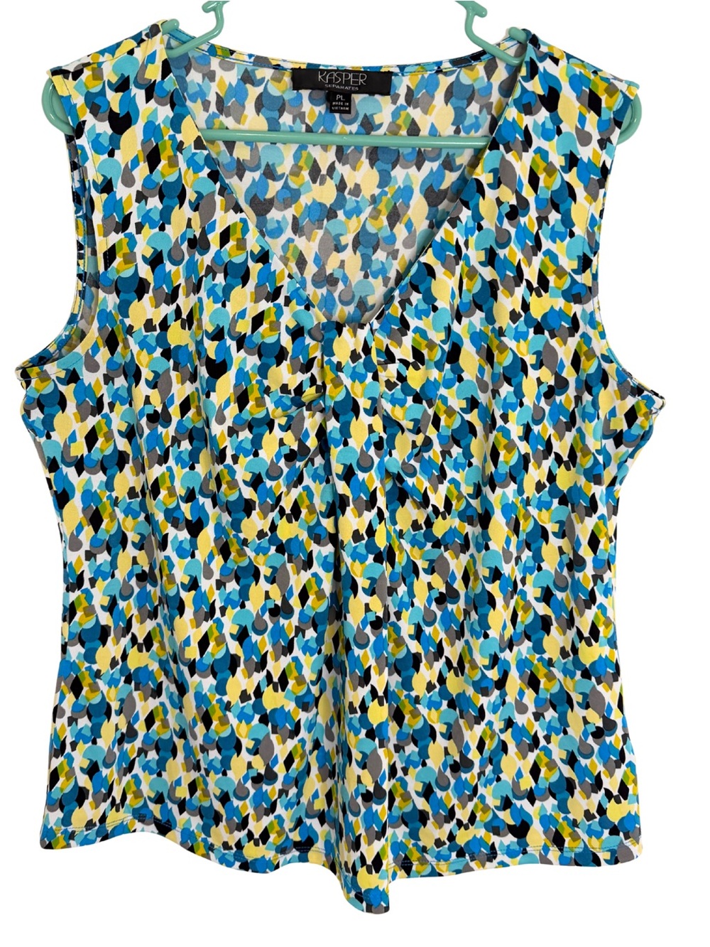 3/$20 Kasper Sleeveless V-Neck Printed Blouse in Blue & Yellow Size Large Petite